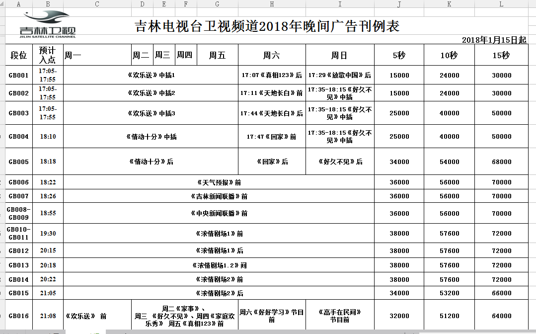 吉林卫视各时段广告